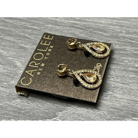 CAROLEE NEW YORK Gold Tone Champagne Crystal Dangle Clip-On Earrings Fashion - Picture 4 of 7